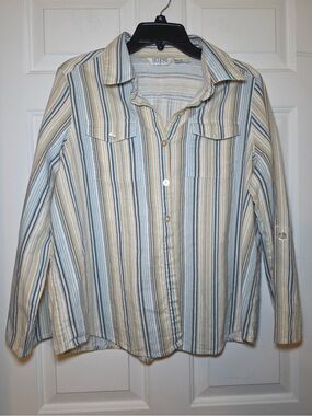 Vintage Selene Sport Woman’s  XL Pastel Striped Button Up Shirt Linen Blend